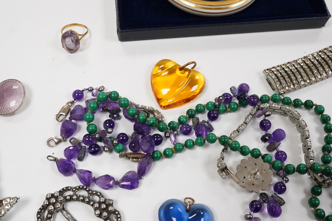 A 9ct and cabochon black onyx set pendant, on a 9ct chain, a 9ct and gem set ring and pair of 9ct and cultured pearl set ear clips, together with other items including costume jewellery, a silver bangle and a silver book